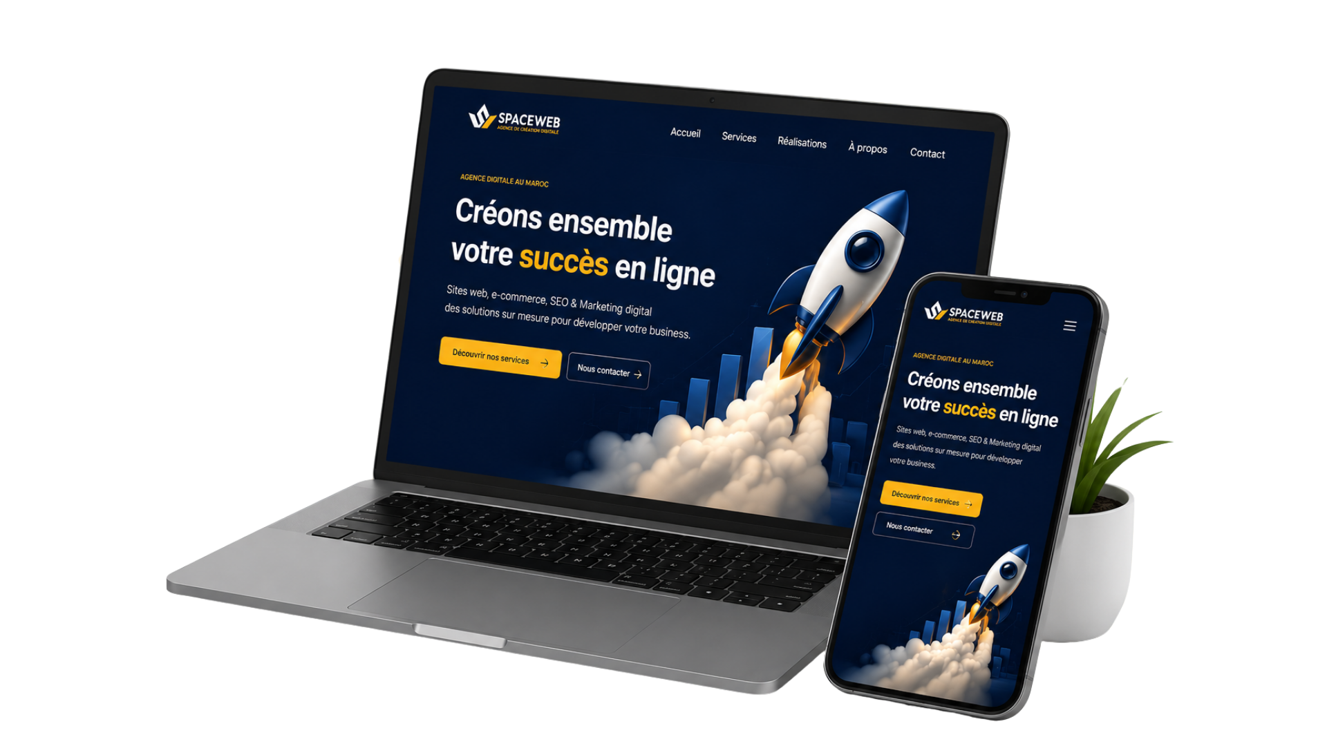 Aperçu d'un site web SpaceWeb sur ordinateur portable et smartphone
