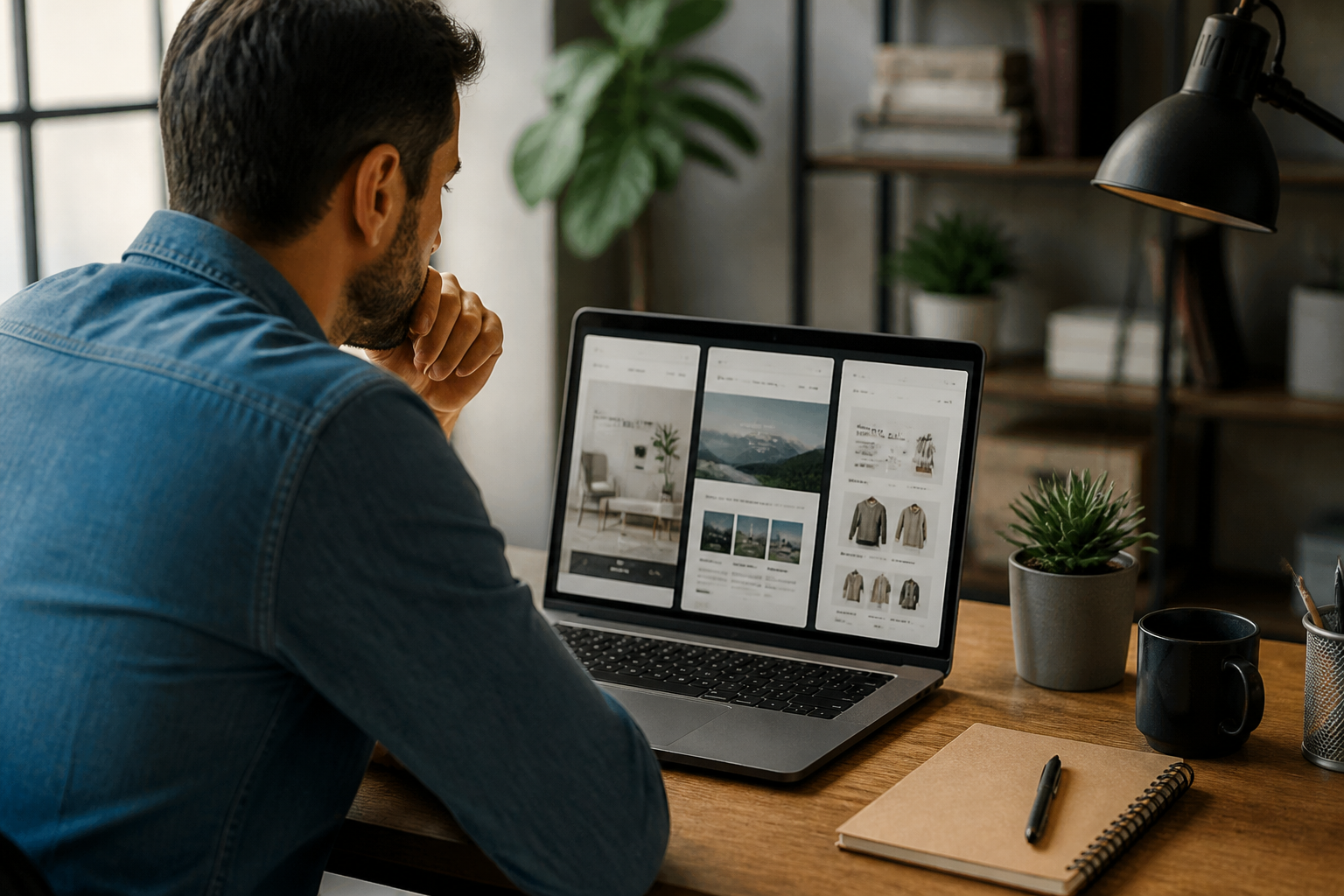Entrepreneur comparant différentes plateformes de création de site sur un ordinateur portable