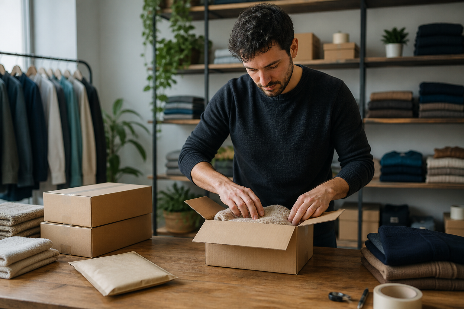 Petit commerçant préparant des commandes pour sa boutique en ligne