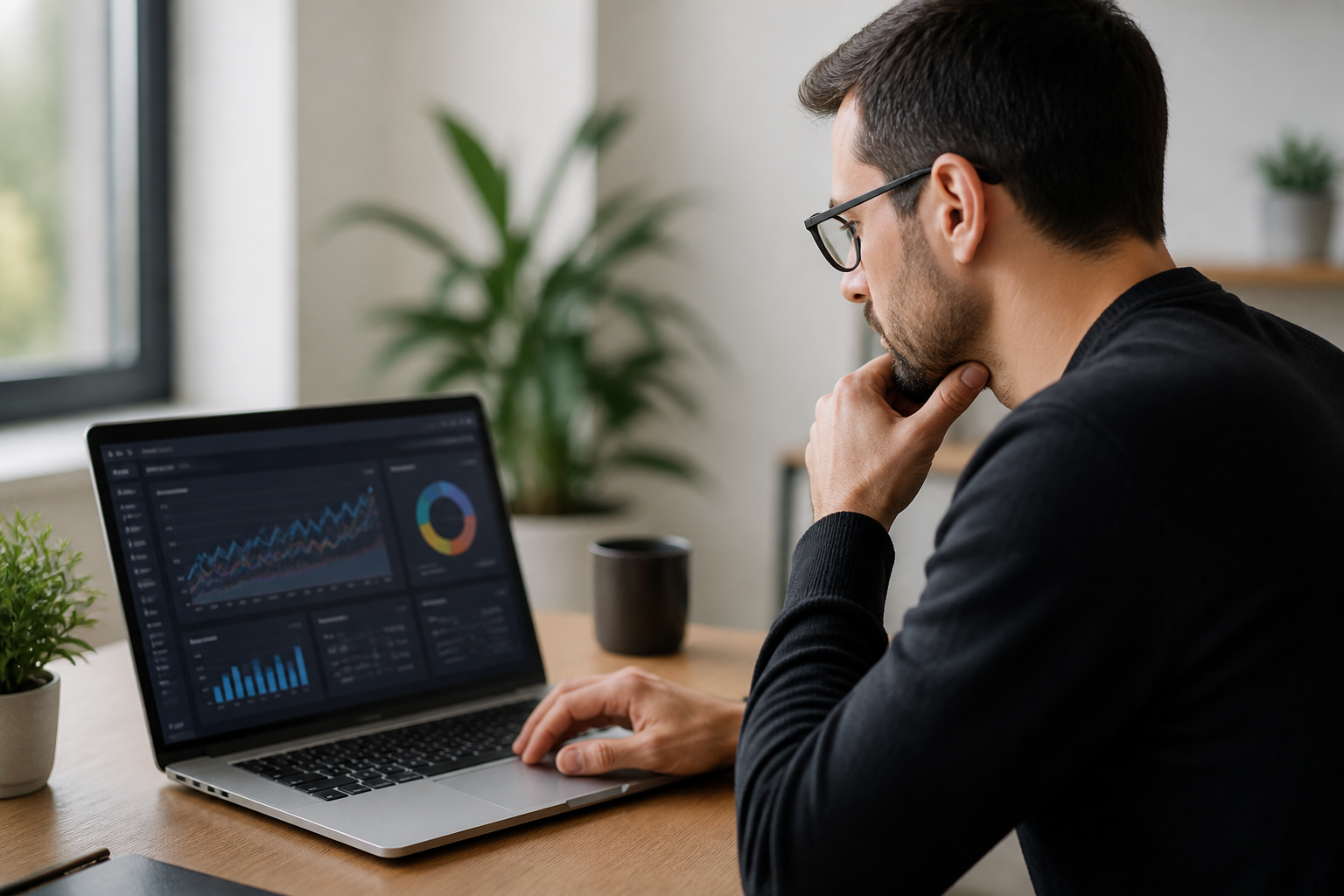 Personne analysant des statistiques de référencement et de visibilité sur un ordinateur portable
