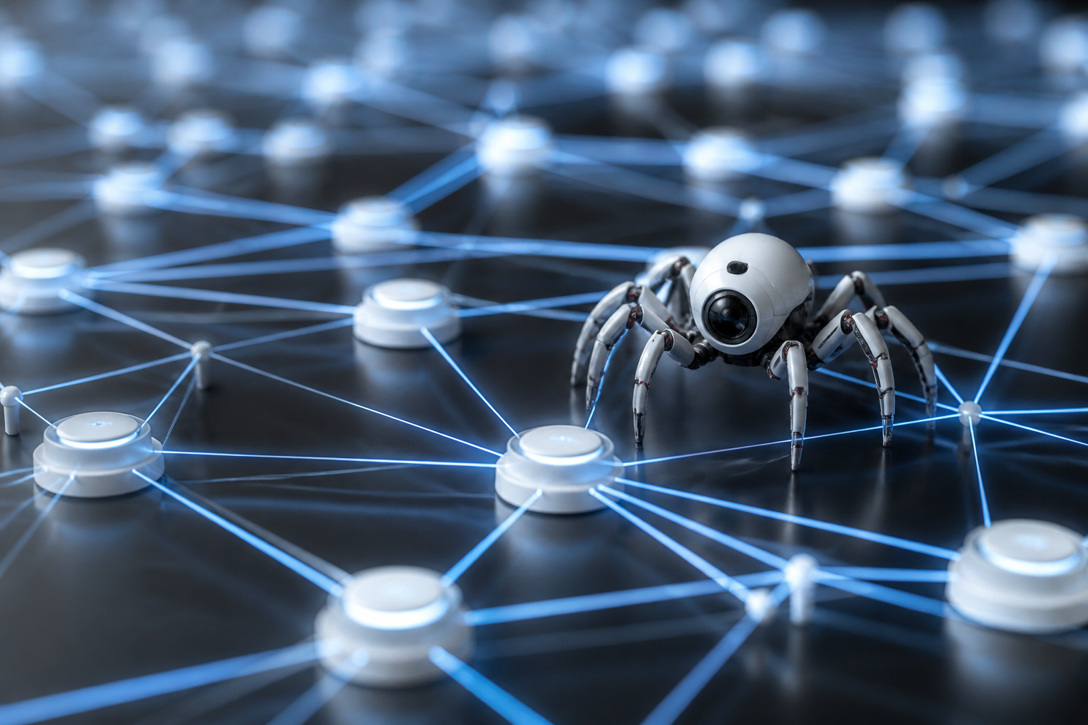Représentation visuelle d'un réseau de connexions symbolisant l'exploration des pages web par les robots