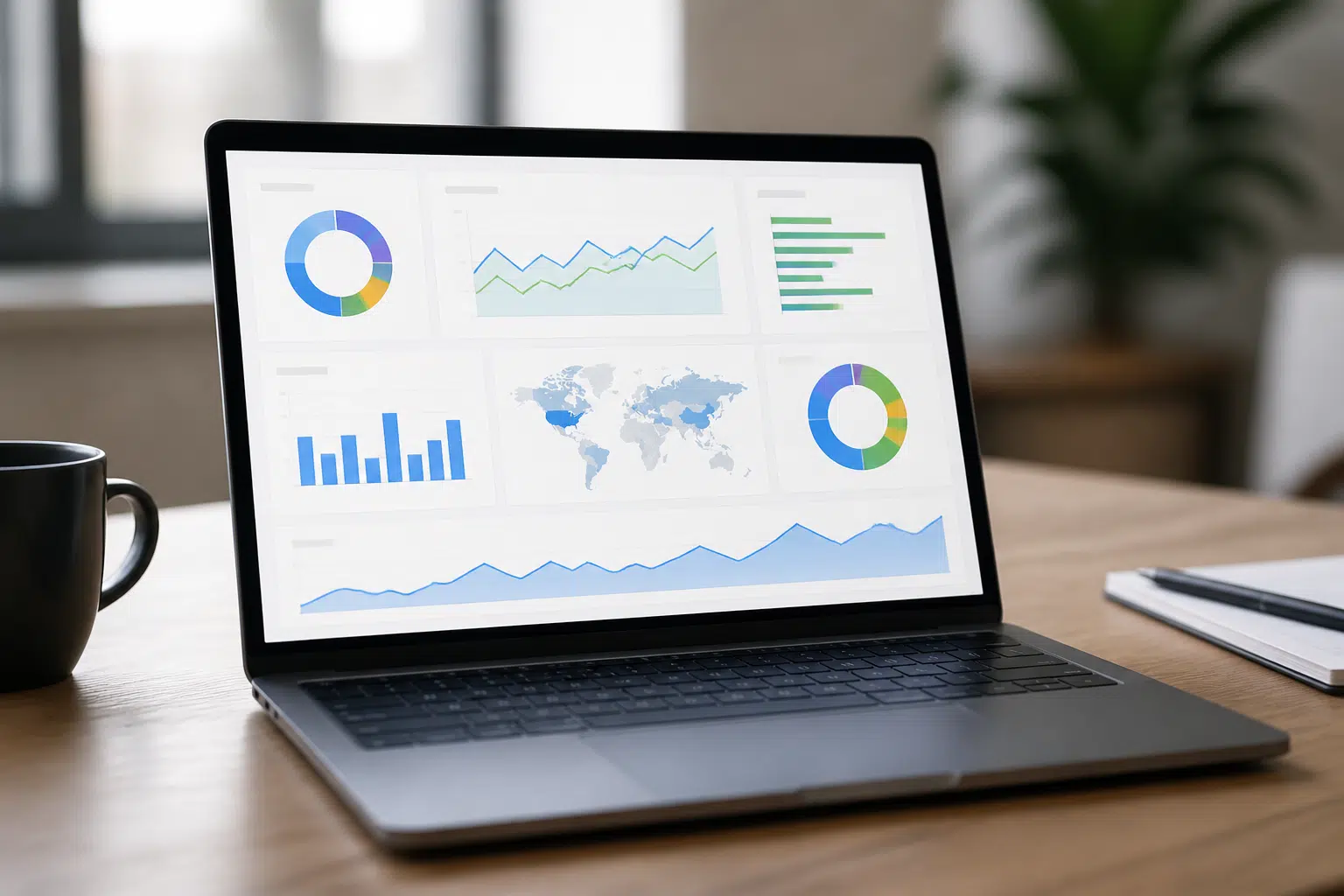 Ordinateur portable affichant des tableaux et graphiques d'analyse de site web