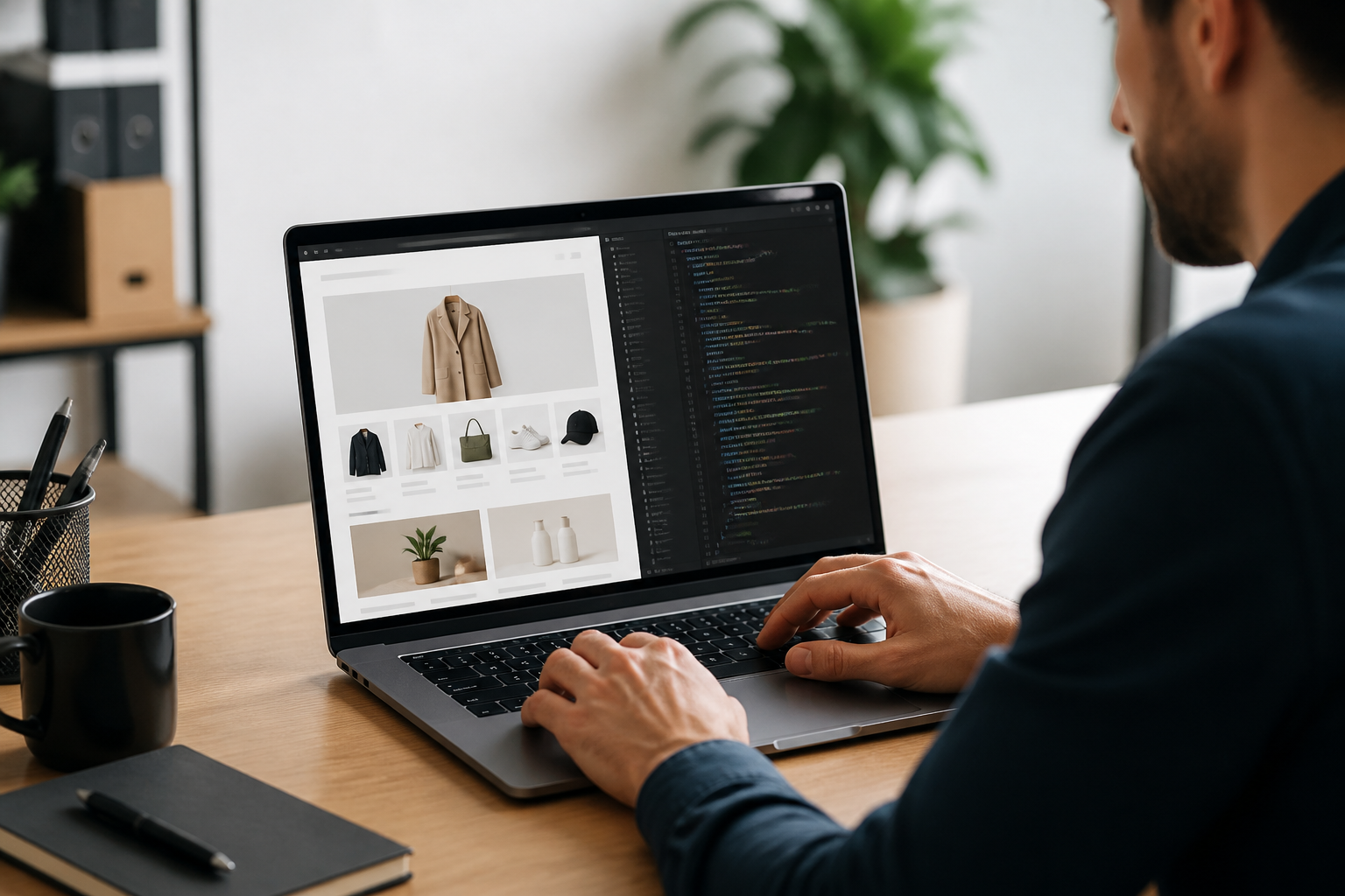 Développeur travaillant sur l'interface d'une boutique en ligne WooCommerce sur un ordinateur portable