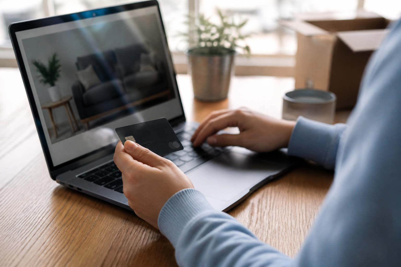 Personne effectuant un paiement en ligne par carte bancaire sur un site e-commerce