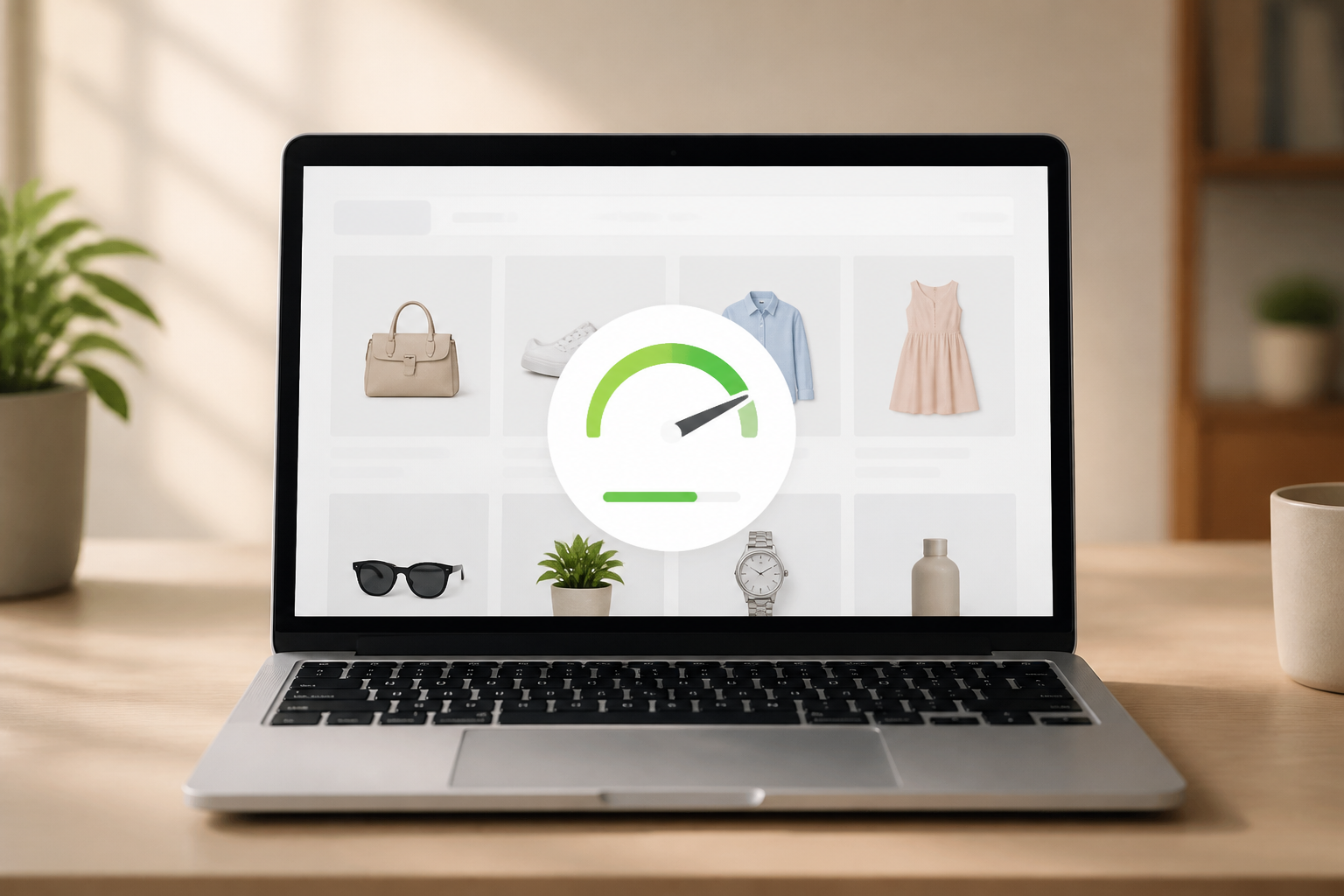 Interface d'une boutique e-commerce affichée sur ordinateur illustrant la rapidité de chargement