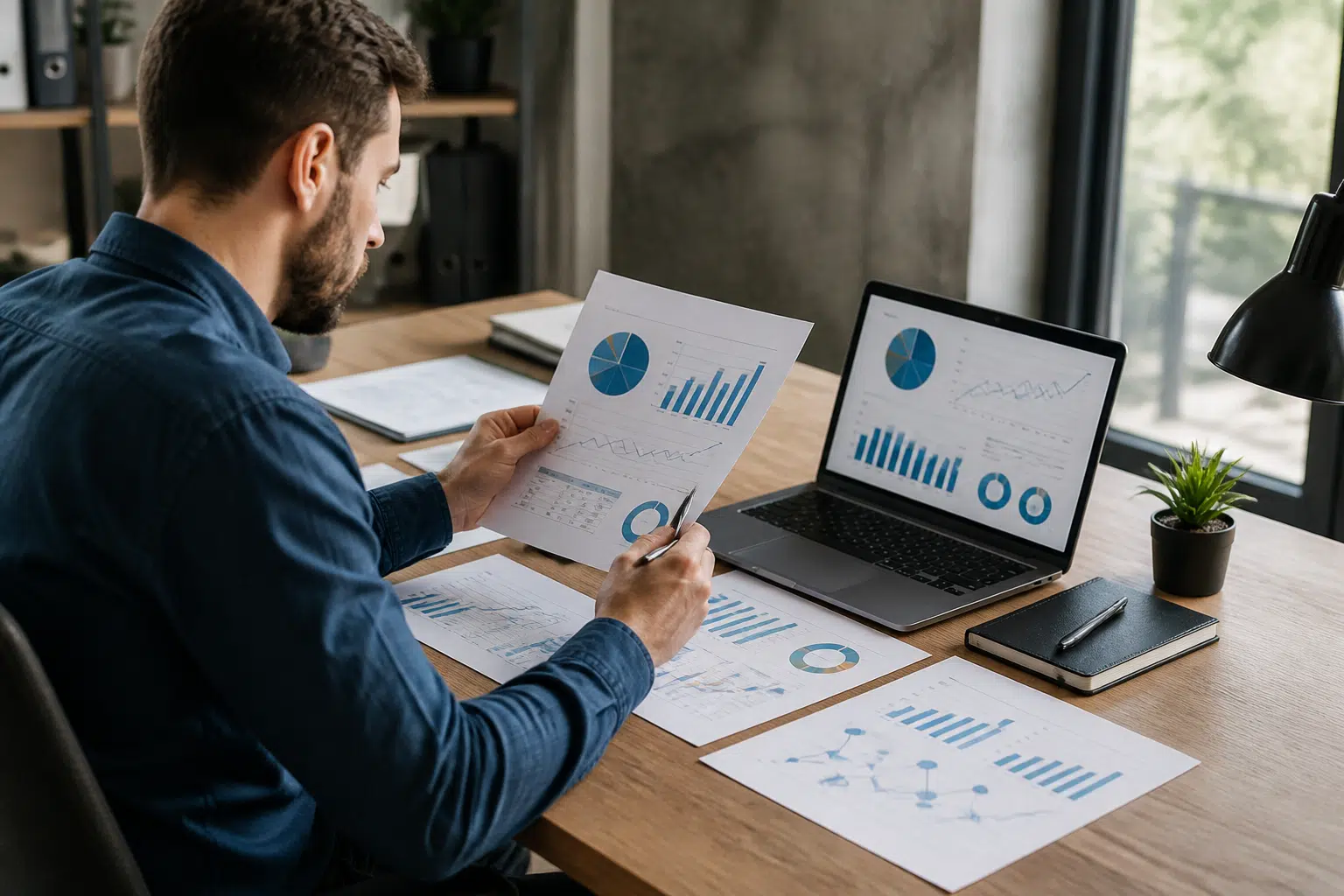 Professionnel analysant des rapports de données sur un bureau