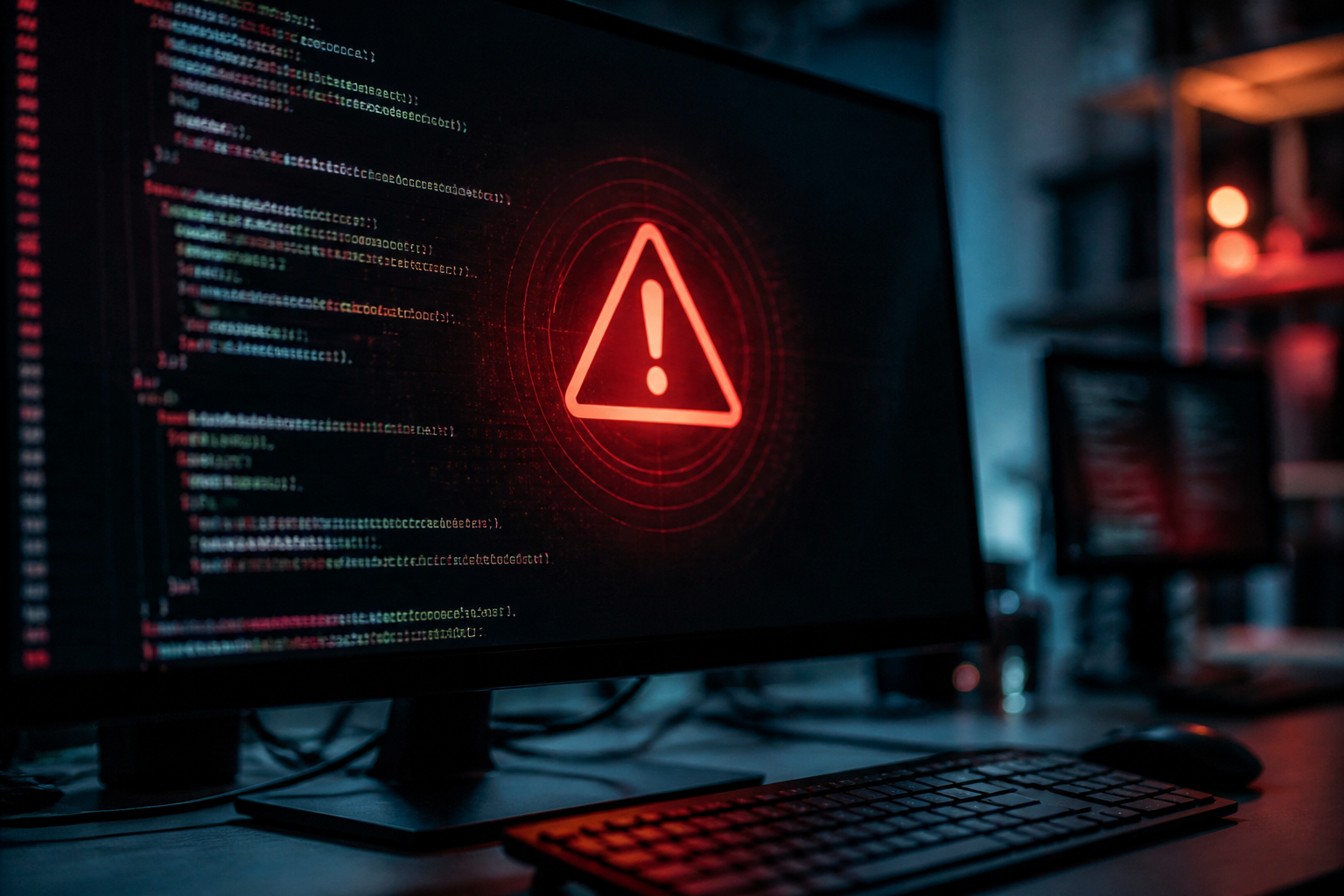 Écran d'ordinateur affichant du code et une alerte de sécurité évoquant un piratage informatique