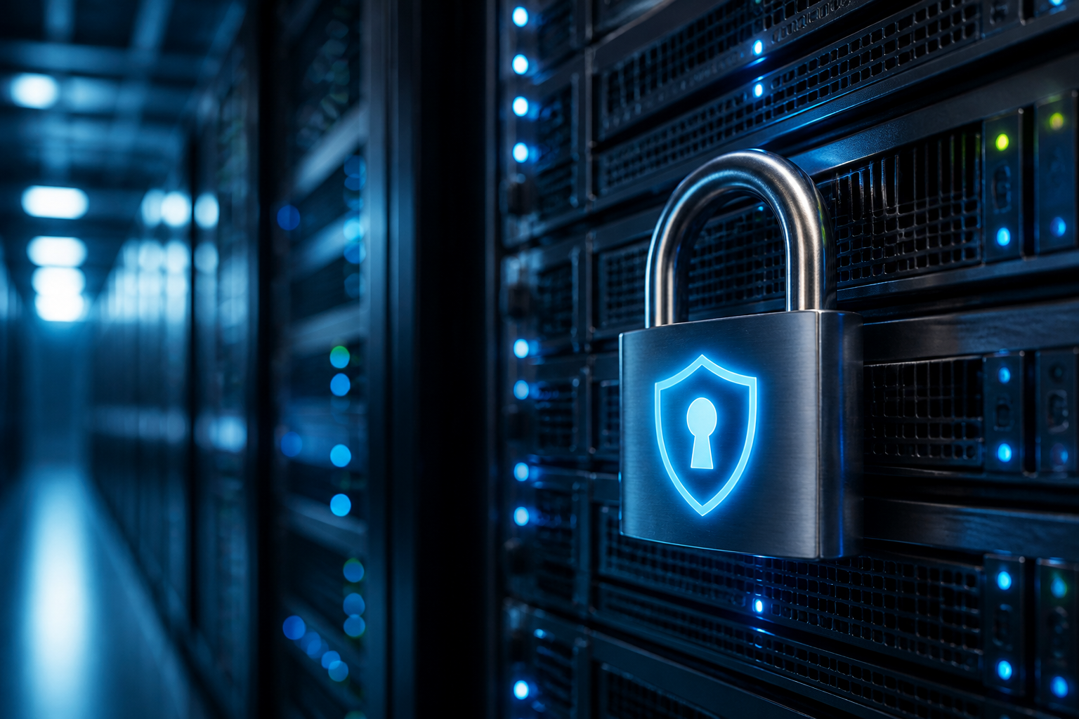 Serveur informatique avec symbole de cadenas représentant la protection et la sécurisation des données