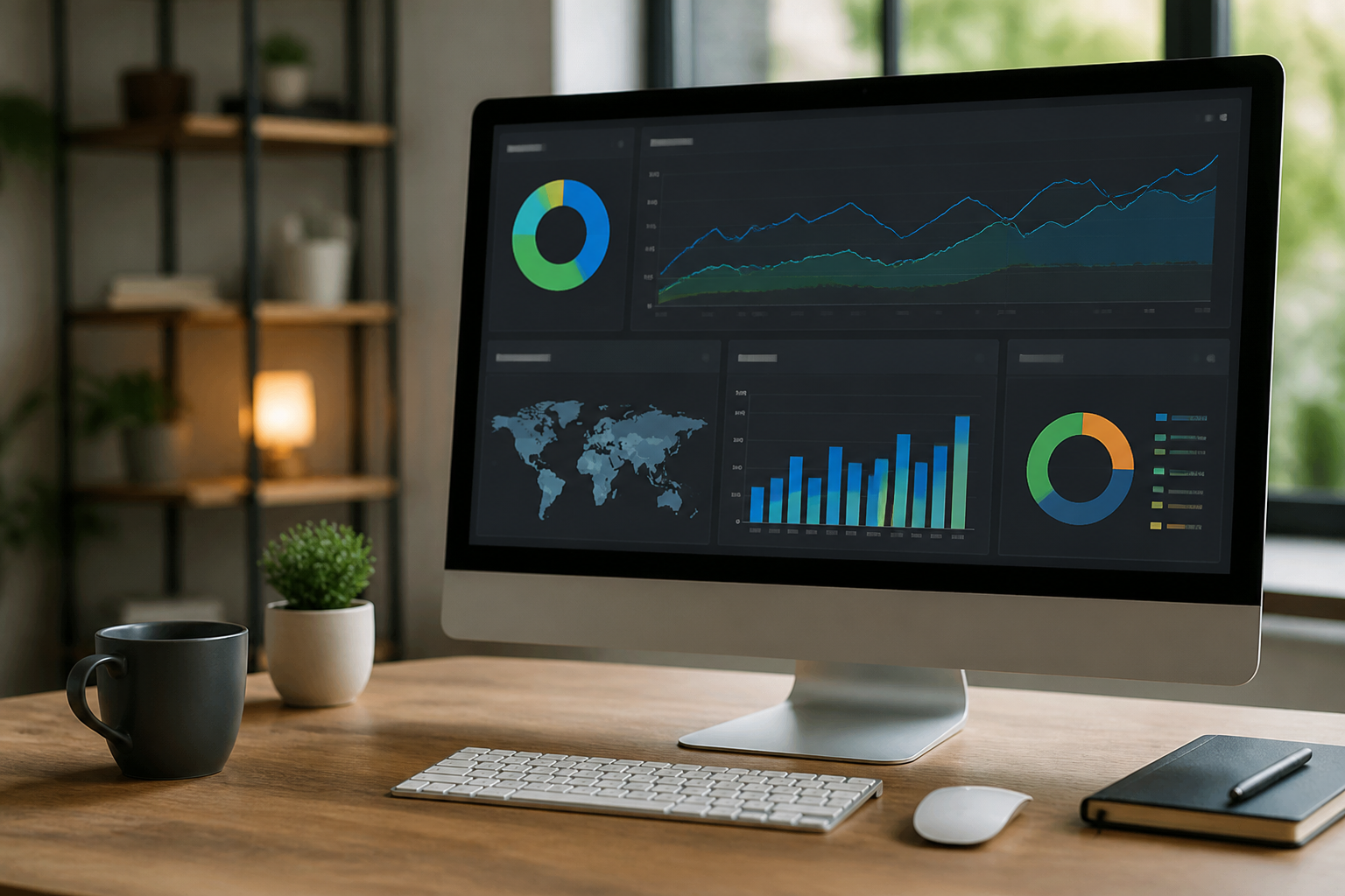 Écran d'ordinateur affichant un tableau de bord d'analyse SEO avec des graphiques de performance
