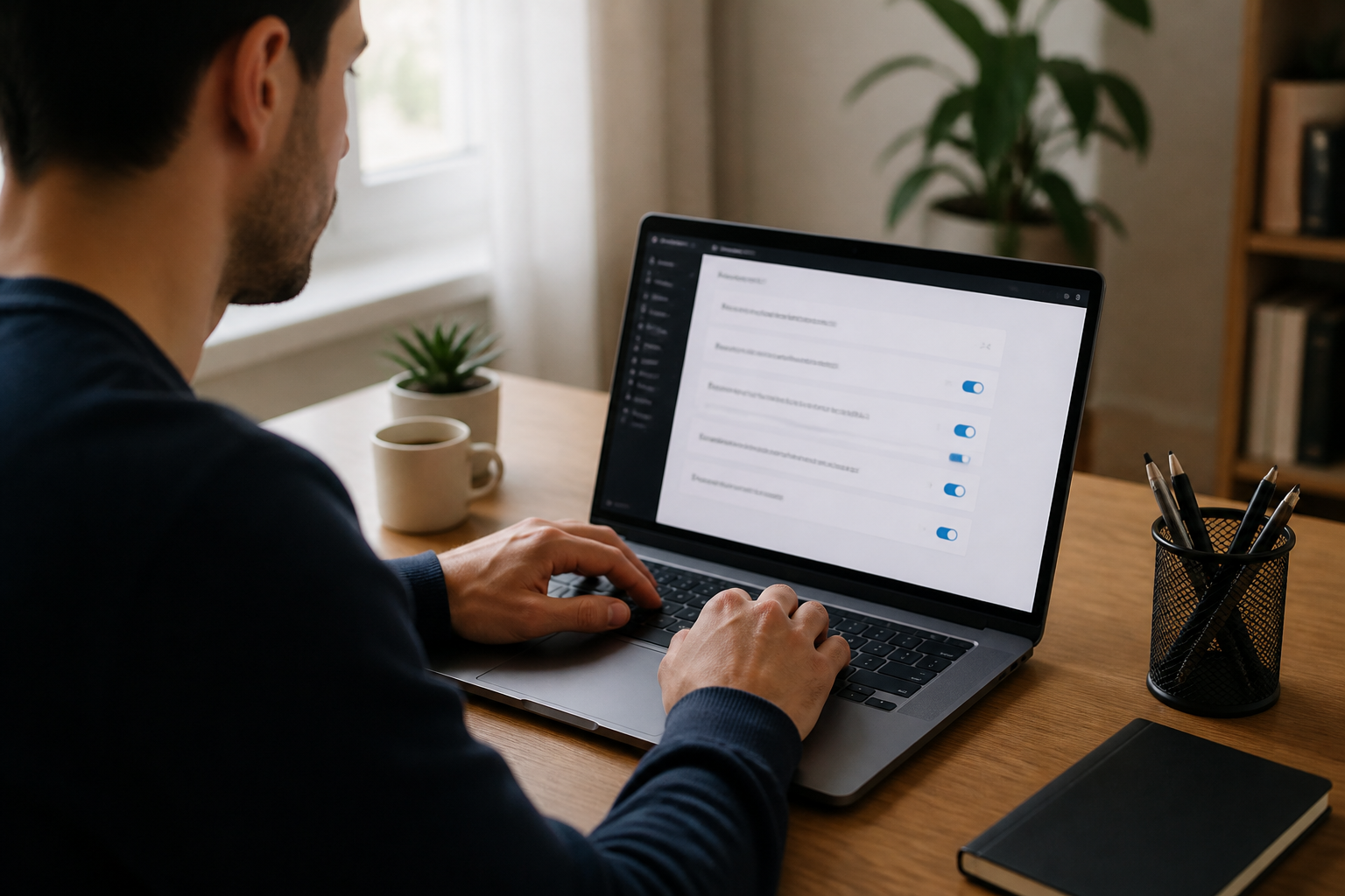 Personne configurant les paramètres d'un site web sur un ordinateur portable