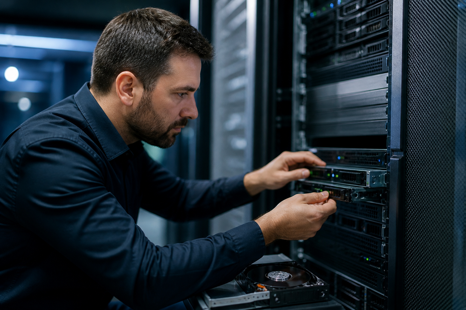 Technicien informatique intervenant pour restaurer et nettoyer un serveur compromis
