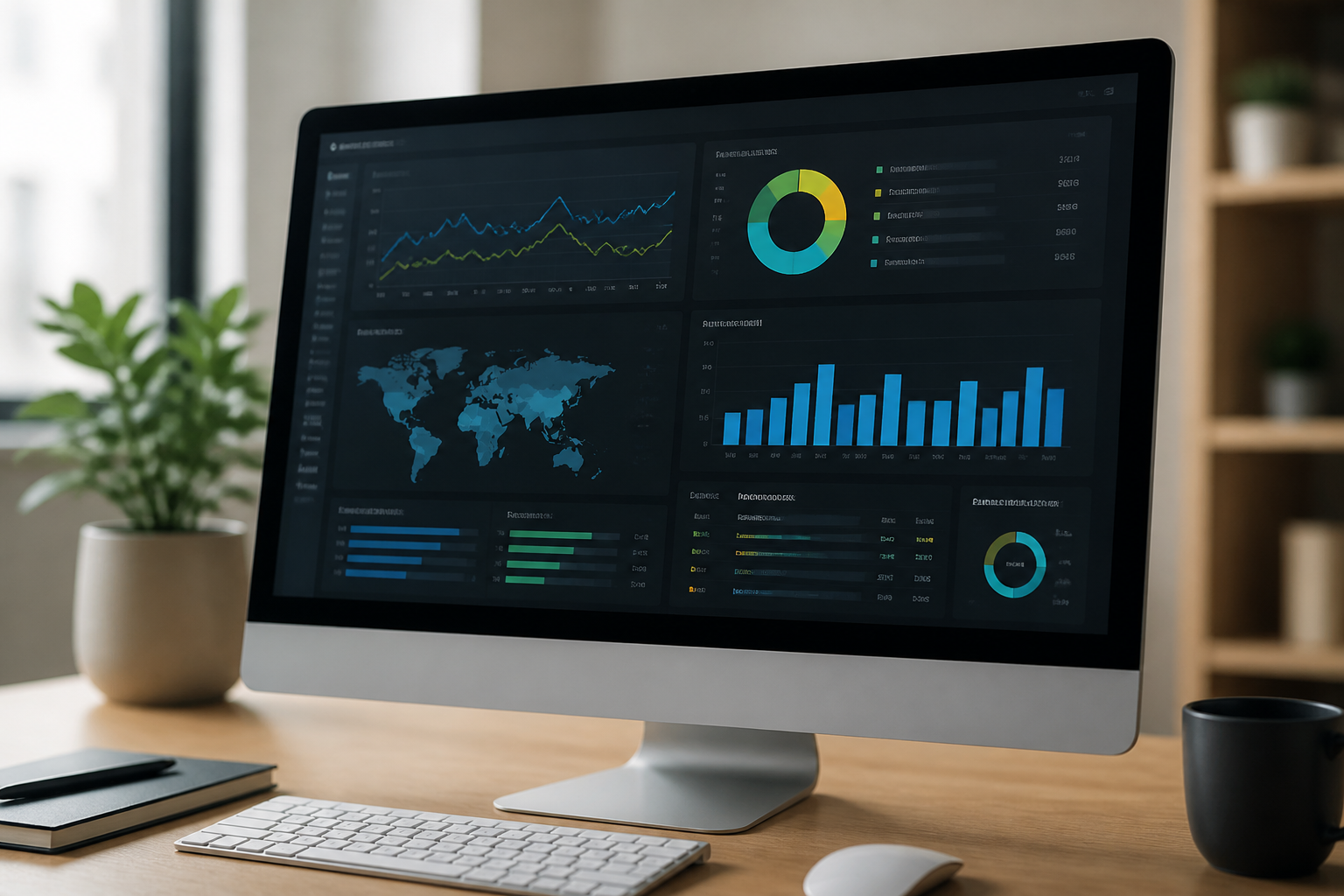 Écran d'ordinateur affichant un tableau de bord d'analyse SEO avec des graphiques de performance