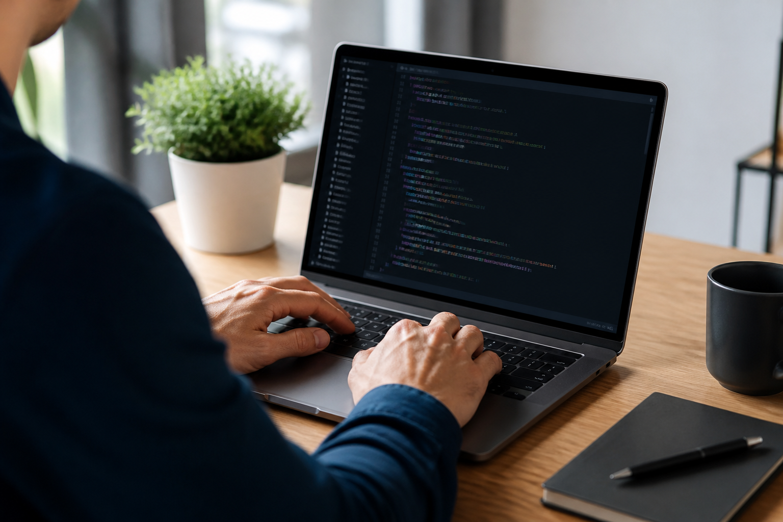 Personne configurant un site web sur un ordinateur portable avec du code à l'écran