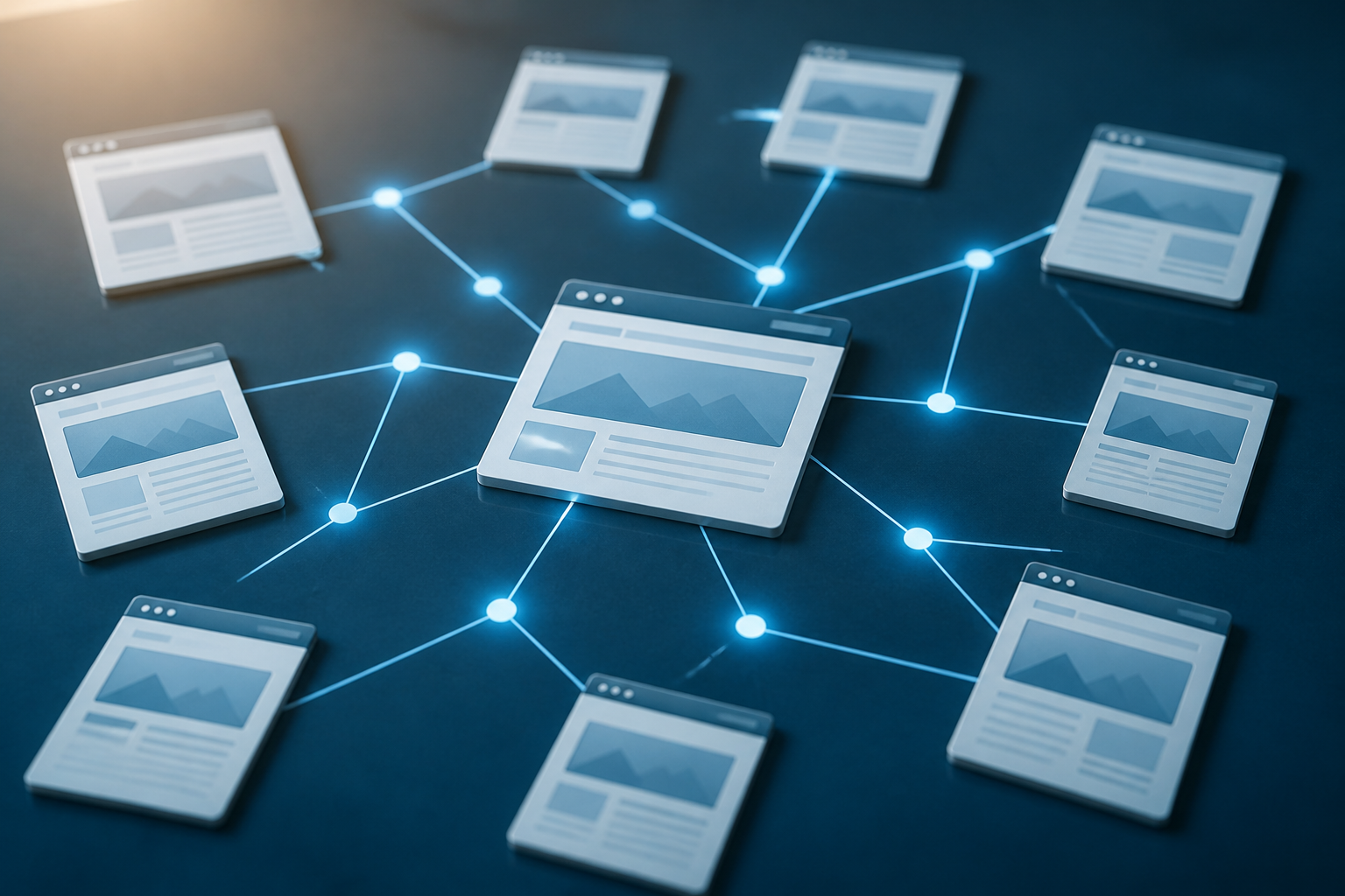 Représentation visuelle de liens et connexions entre pages web symbolisant le maillage interne