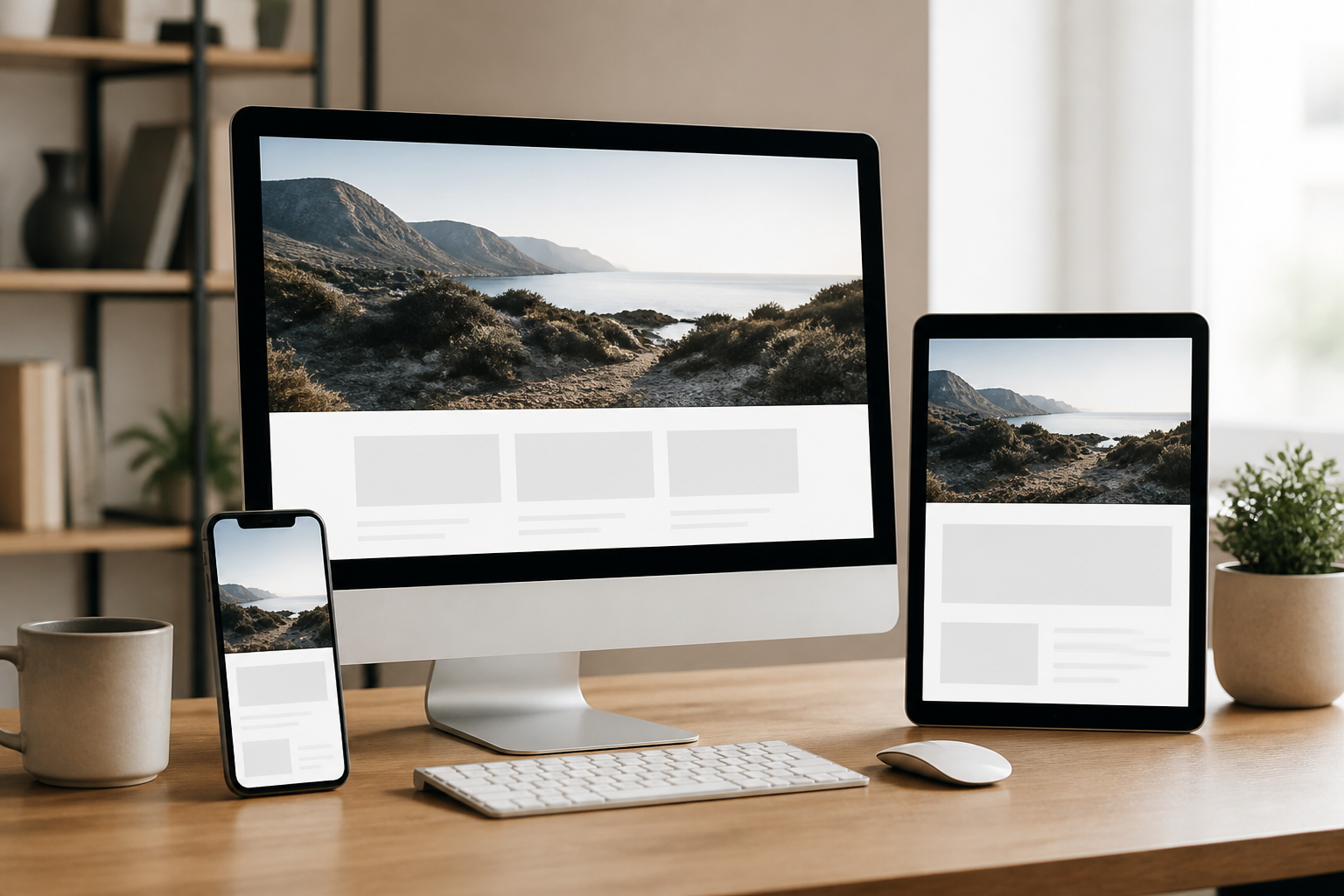 Site web affiché sur plusieurs appareils, ordinateur, tablette et smartphone