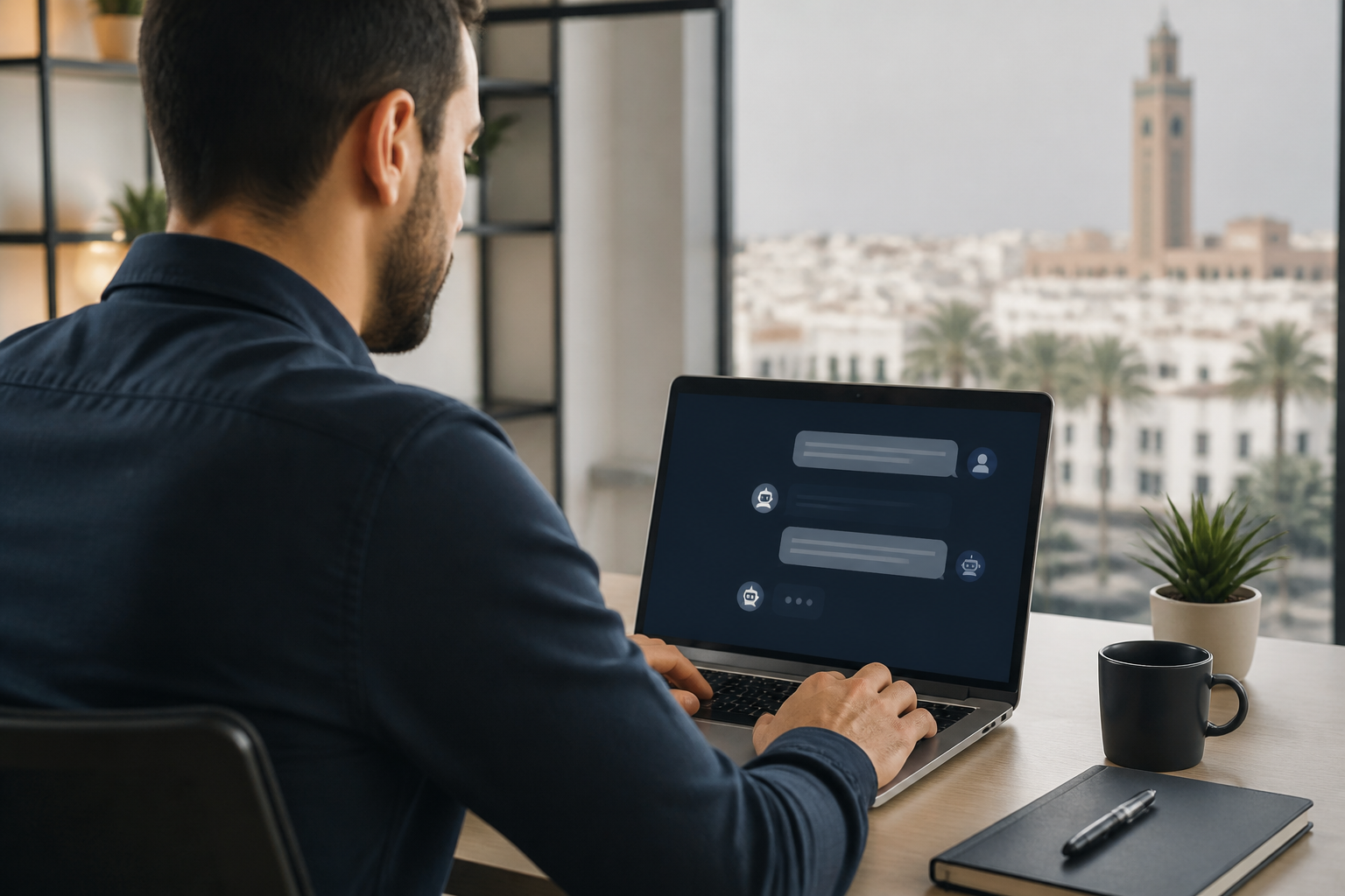 Personne consultant une conversation avec une intelligence artificielle sur un ordinateur portable dans un bureau