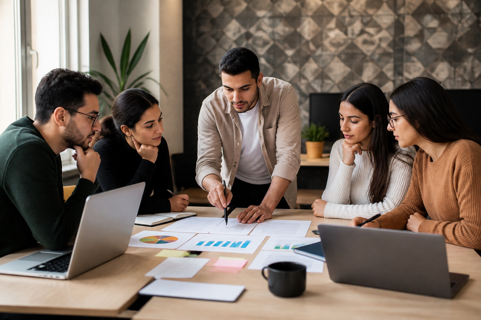 Équipe travaillant ensemble sur une stratégie de contenu et de référencement dans un bureau moderne