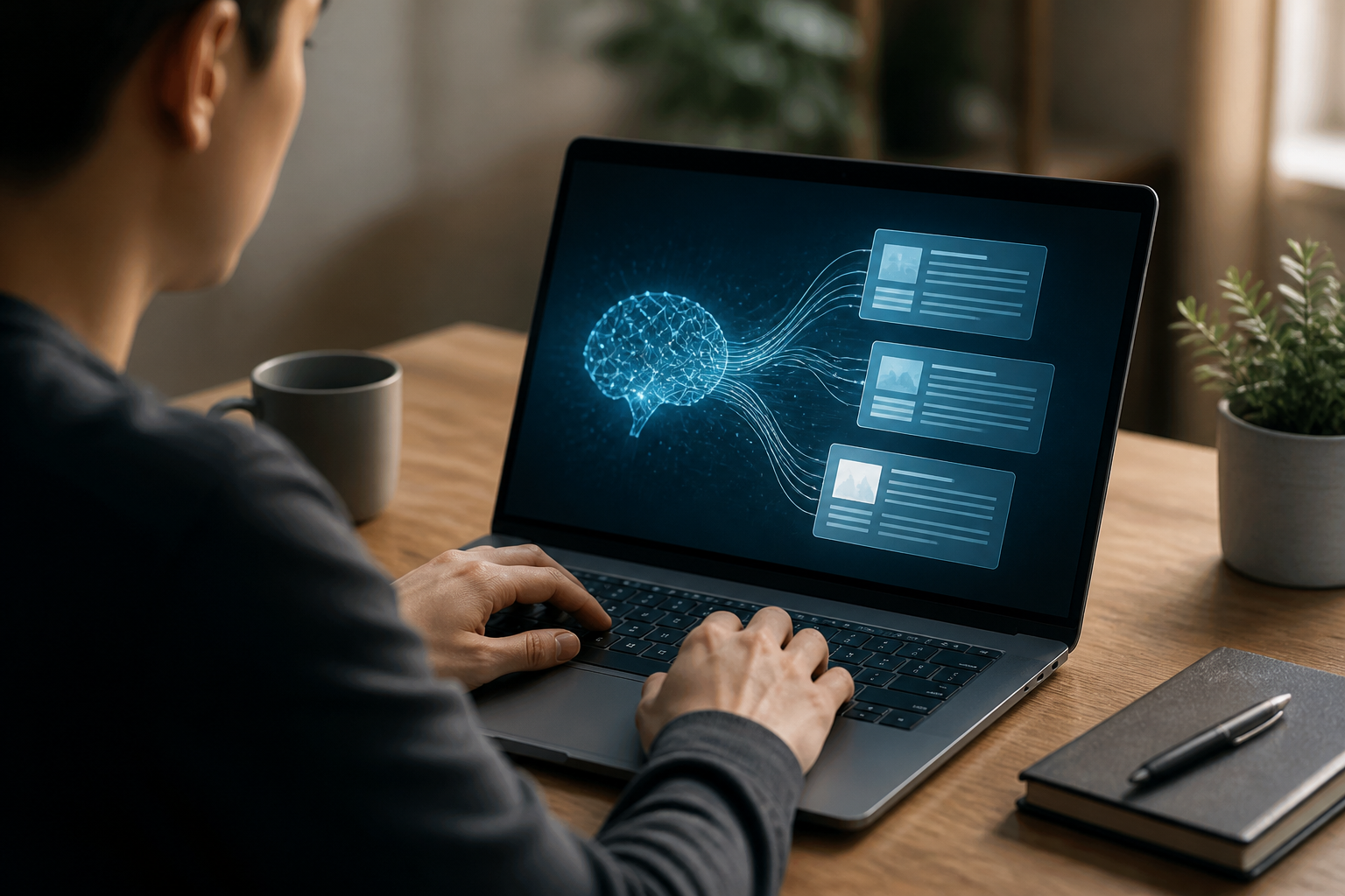 Personne utilisant un moteur de recherche basé sur l'intelligence artificielle sur un ordinateur portable