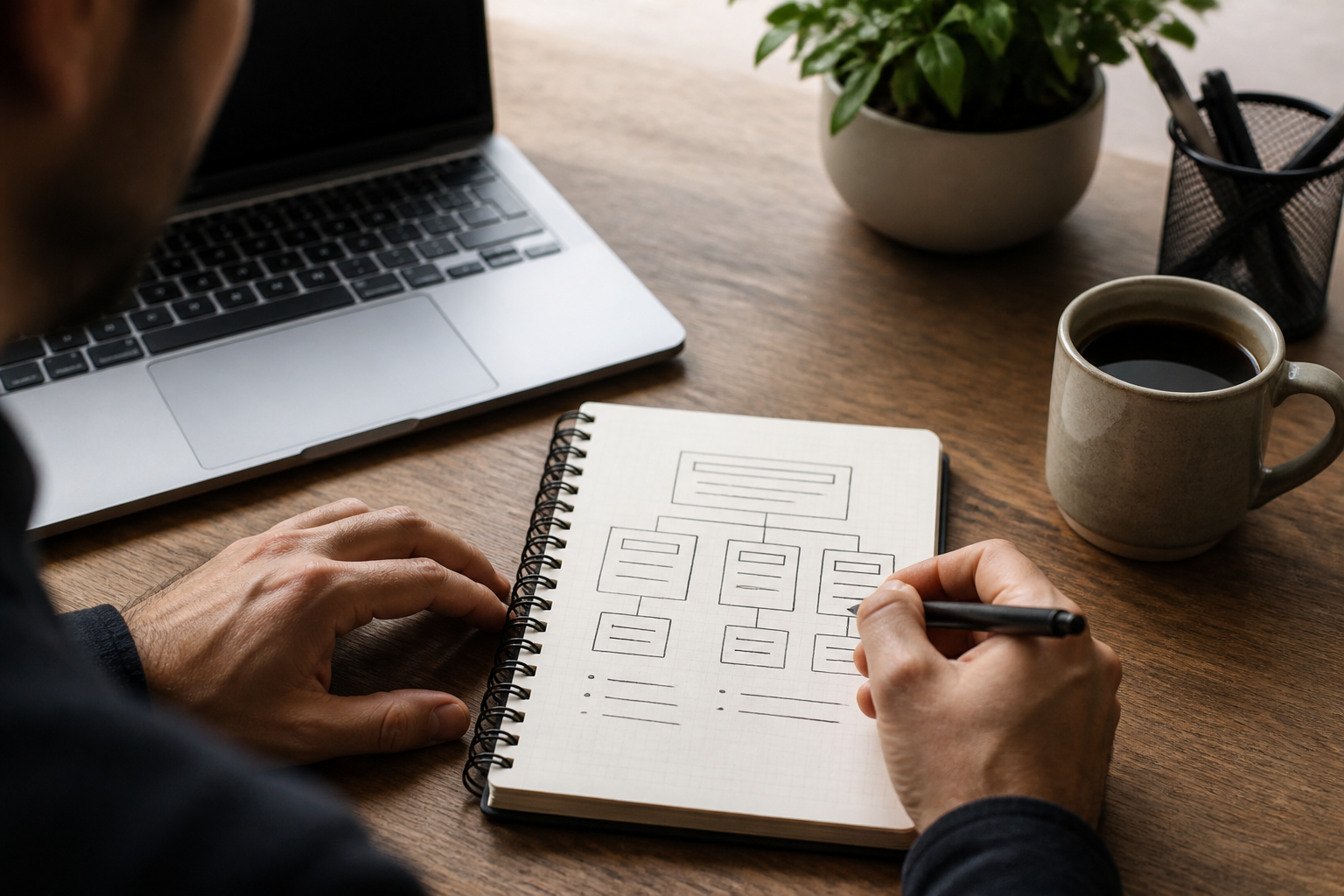 Rédacteur organisant la structure d'un contenu écrit sur un carnet avec un ordinateur