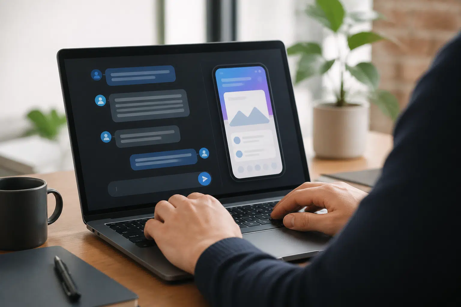 Personne tapant sur un ordinateur portable pour concevoir une application via une interface de chat