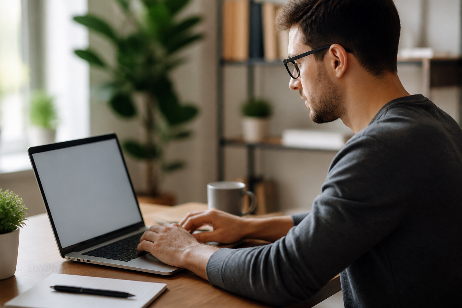 Une personne travaillant sur un ordinateur portable pour structurer et rédiger du contenu web