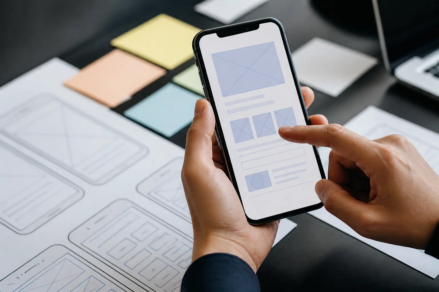 Écran de smartphone affichant une maquette d'application en cours de conception