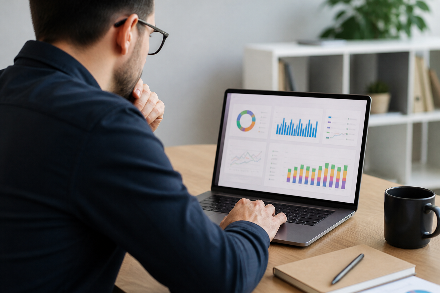 Professionnel analysant des données de contenu et de performance sur un ordinateur portable